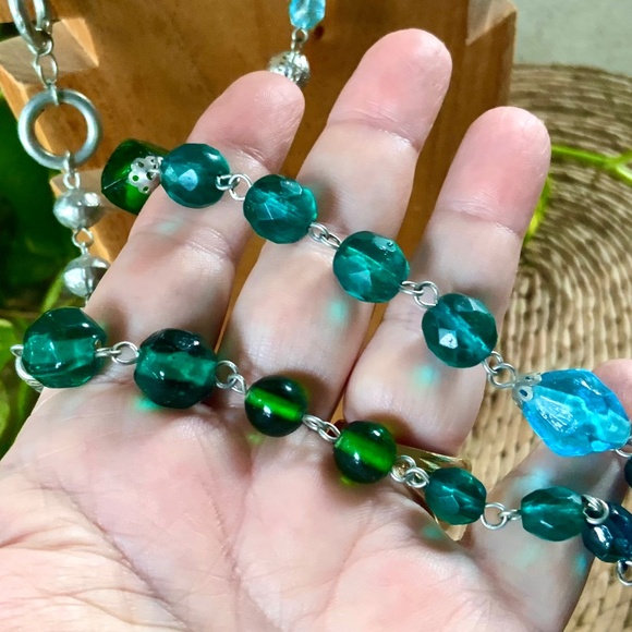 Vintage Glass/Crystal/Metal Beaded Necklace STEPHAN & CO UNIQUE 1980s BLUE-GREEN - Picture 7 of 10